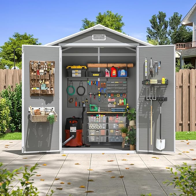 Aoxun 6x4 FT Outdoor Storage Shed, Plastic Garden Resin Shed with Floor and Window for Patio, Lawn, Outdoor Storage with Lockable Door for Bike, Garbage Can, Tools, Grey