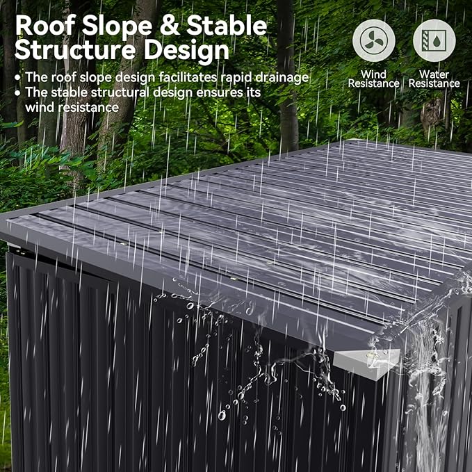 Aoxun Outdoor Storage Shed Metal Trash Can Storage with Chain Lid Waterproof Outdoor Garbage Can Organizer, Ideal for 2 Trash Bins, Generator, Garden Tools (Black)