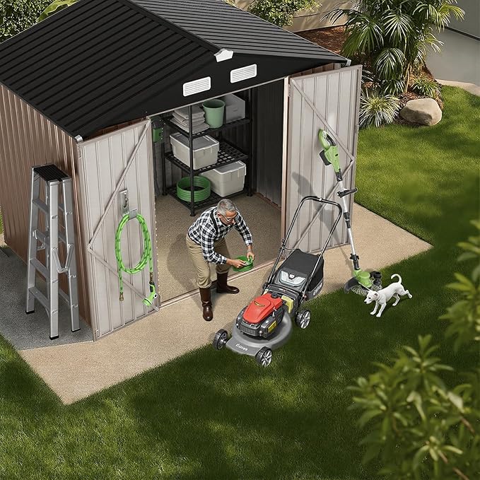 GVDV 8x6 FT Full Size Outdoor Metal Storage Shed, Durable Garden Shed with Reinforced Sidewall Girts & Updated Frame Structure, All-Weather Shelter for Backyard, Patio, Tool, Bike Storage (No Floor)