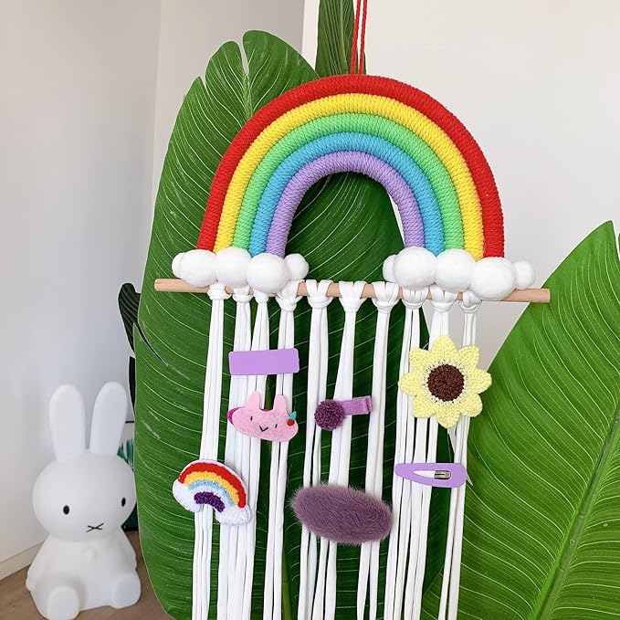 Rainbow Macrame Bow Holder Hanging Hair Bow Organizer for Girls, Hair Clip Holder Hair Clips Headband Storage Hanger Boho Wall Decor