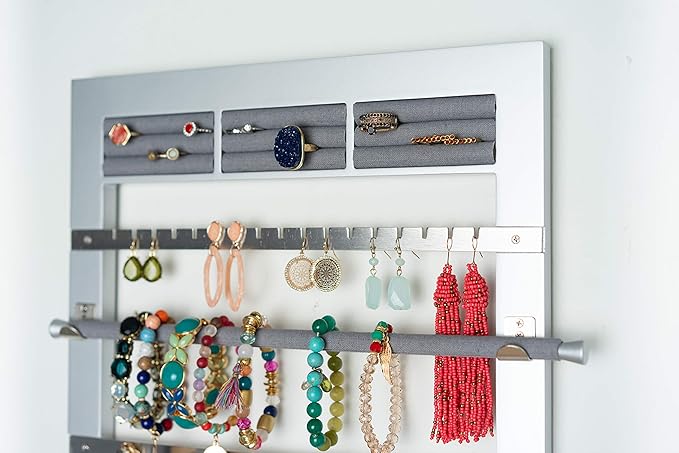 Hives and Honey Tori Wall Hanging Jewelry Rack – Wall-Mounted Organizer with Ring Rolls, Earring Slots, Bracelet Bar & Necklace Hooks, Anti-Tarnish Linen, Silver