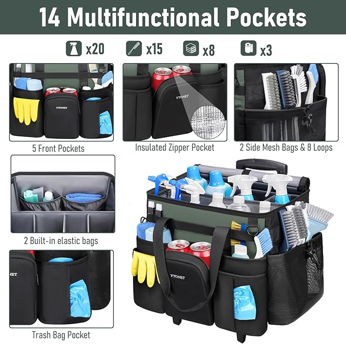 Ytonet XXL Cleaning Caddy with Wheels, Large Rolling Cleaning Caddy Bag with Detachable Trolley for Housekeepers, Water Resistant Cleaner Supplies Organizer with Wheels for Kitchen, Tool Organizer