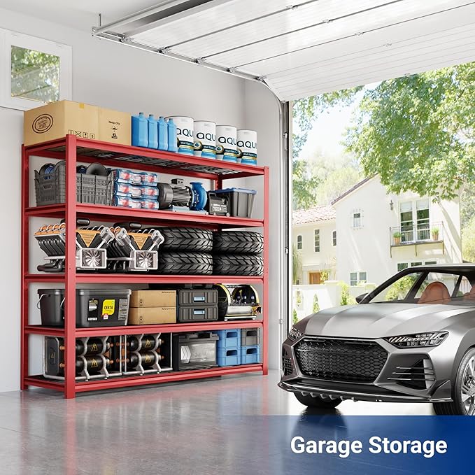 FLEXIMOUNTS 60" W Garage Shelving, 5 Tier Storage Shelves Load 1500LBS, Adjustable Garage Shelving Heavy Duty, Metal Shelves Unit for Basement, Warehouse, 60" W x 72" H x 24" D, Red