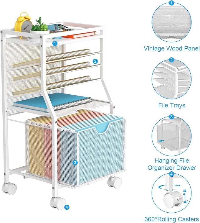 Rolling File Cart, 6-Tier Desk File Organizer on Lockable Wheels, White Wood Planks & Mesh Sliding Hanging Folder Drawer, Organization Cart for Office Home School