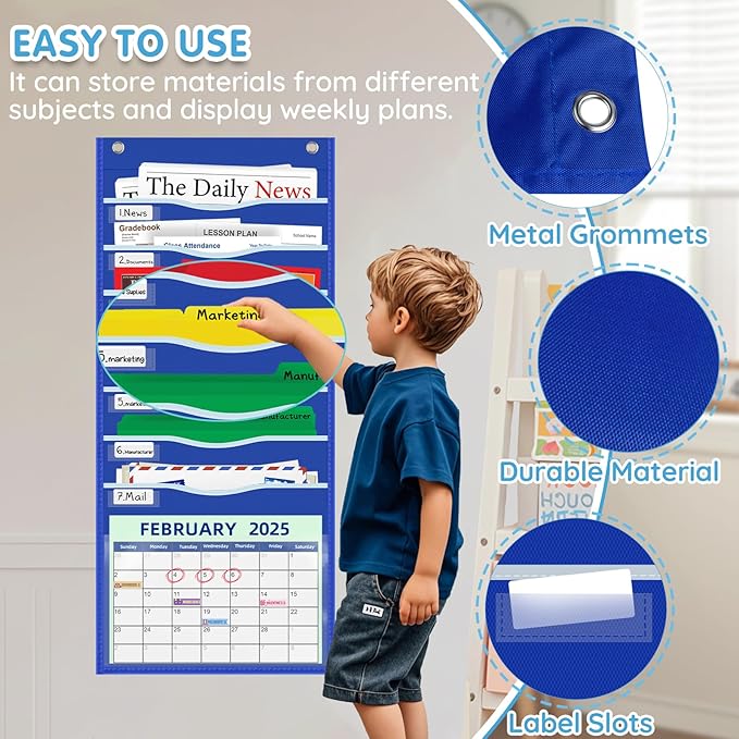 15" Extra Wide Hanging File Organizer with 8 Pockets - Heavy Duty Classroom Pocket Chart, Wall Mounted Document Organizer with Writable Clear Pocket, 5 Wall/ Door Hooks & 12 Labels (Blue)