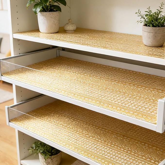 Drawer and Shelf Liner - Gold Geometric Lace Pattern,Non Adhesive Non Slip Waterproof Easy-Clean Shelf Liner for Kitchen Cabinet, Refrigerator, Bathroom, Pantry Storage Drawers, 17 in x 20 Ft