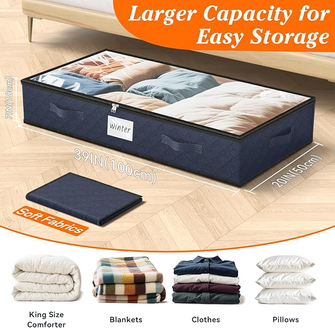 SpaceWhisper 90L Under Bed Storage Containers, 6-Pack Storage Bins with Clear Top, Foldable Closet Organizers and Storage with Label Holder for Clothing, Blankets, Comforter & Pillows(Blue)