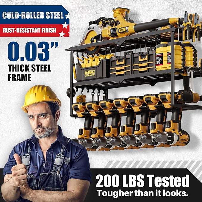 26''W Power Tool Organizer Wall Mount | 200lbs Garage Storage Rack with 7 Cordless Drill Holder | 3-Tier Heavy Duty Utility Shelf for Battery Workshop Organization