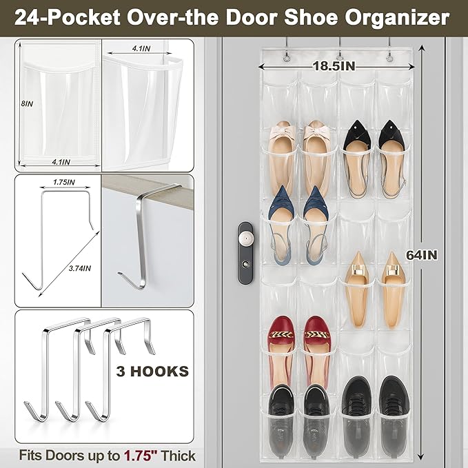 Over The Door Shoe Organizer - 2 Pack Shoe Rack for Door with 24 Pockets and Hooks, Shoe Holder Back of Door Organizers for Shoes, Hanging Shoe Organizer for Space Saving, White
