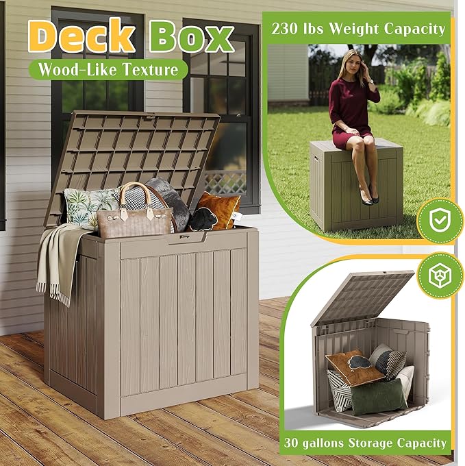 30 Gallon Waterproof Resin Deck Box, UV Resistant Outdoor Storage for Garden, Patio, Porch, Delivery（Grey，30 Gallon）