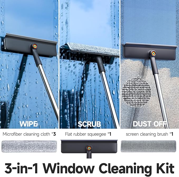 CTIME 62‘’ Window Washing Kit : 3 in 1 Window Squeegee for Home, Window Cleaning Kit with Scrubber&Rotating Head, Glass Cleaning Tools for Indoor/Outdoor with 3 Microfiber Cloths | Screen Brush