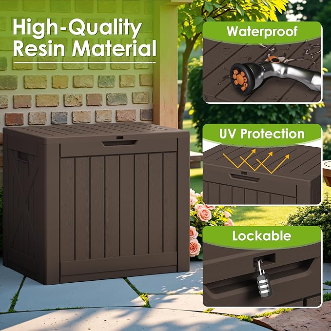 Greesum 40 Gallon Outdoor Deck Box with Lock, Resin Storage Chest for Patio Furniture Cushions, Garden Tools, Pool Toys, Waterproof & UV Resistant, Large Capacity, Dark Brown