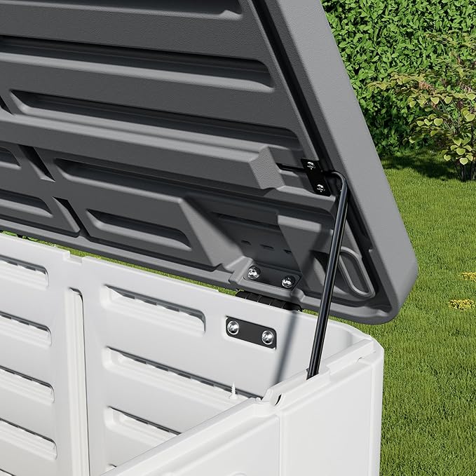 Outdoor Storage Deck Box Waterproof, 110 Gal Wheels Large Lockable Patio Storage Bin Chest, Resin Outside Container Seat Bench for Furniture Cushions, Pool Accessories, Garden Tools & Delivery, White