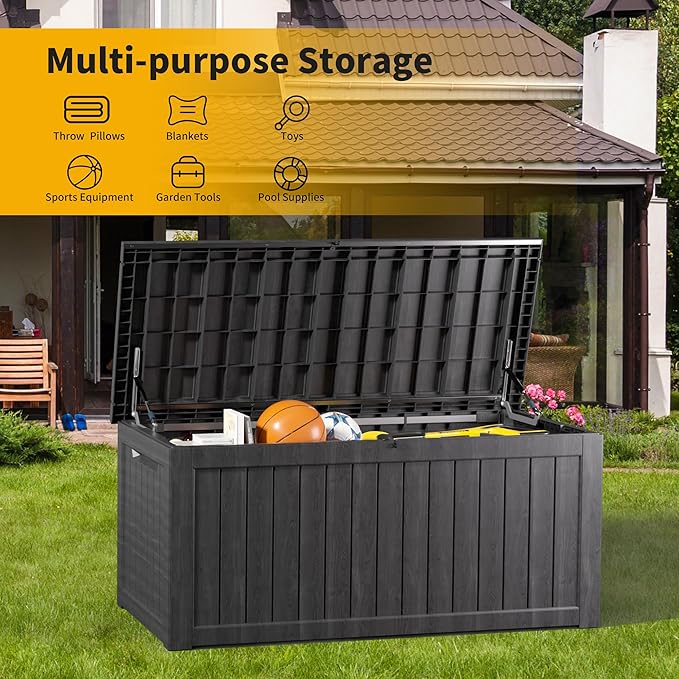 270 Gallon Lockable Resin Outdoor Storage Box, Waterproof & Weather Resistant Deck Box for Patio Cushion, Garden Tools & Pool Accessories, Black