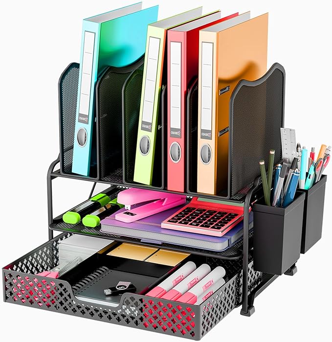 Simple Trending Desk File Organizer with Sliding Drawer, Metal Mesh Double Tray and 5 Upright Section Sorter and 2 Pen Holder, Black