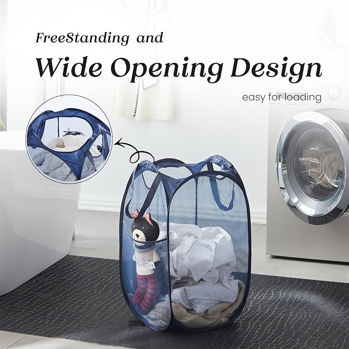 Collapsible Pop Up Laundry Basket, Hamper with Sturdy Handles and Side Pocket - Mesh Portable Foldable Dirty Clothes Hamper for Dorm, Laundry room, Bathroom and Travel Storage, Navy Blue