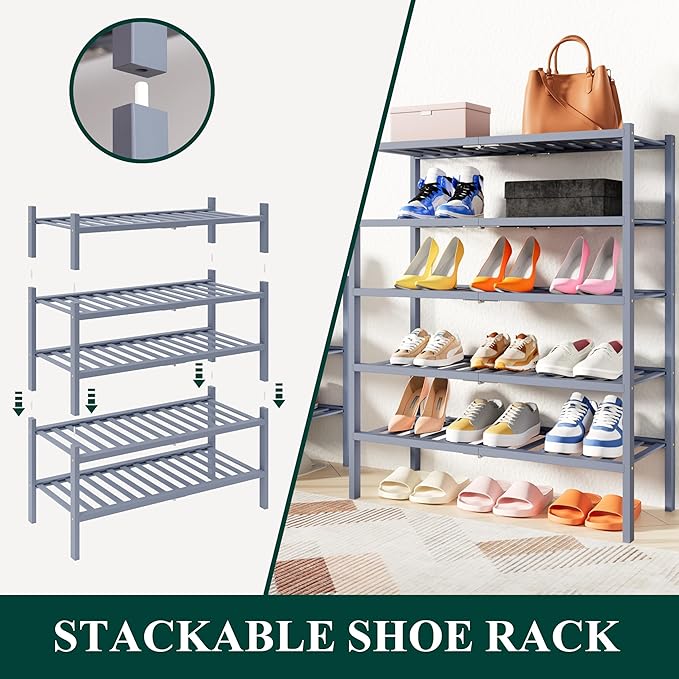 Smiry Shoe Rack, 2 Tier Thick Bamboo Shoe Organizer, Stackable Free Standing Wooden Shoe Storage Shelf for Closet, Entryway, Front Door Entrance, Grey