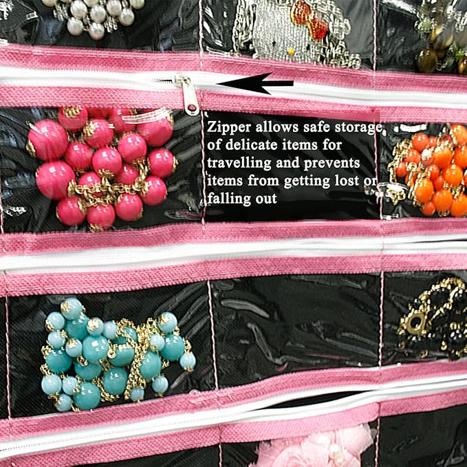 Wrapables® 28 Zippered Pockets Hanging Jewelry Organizer with 21 Holding Loops, Black