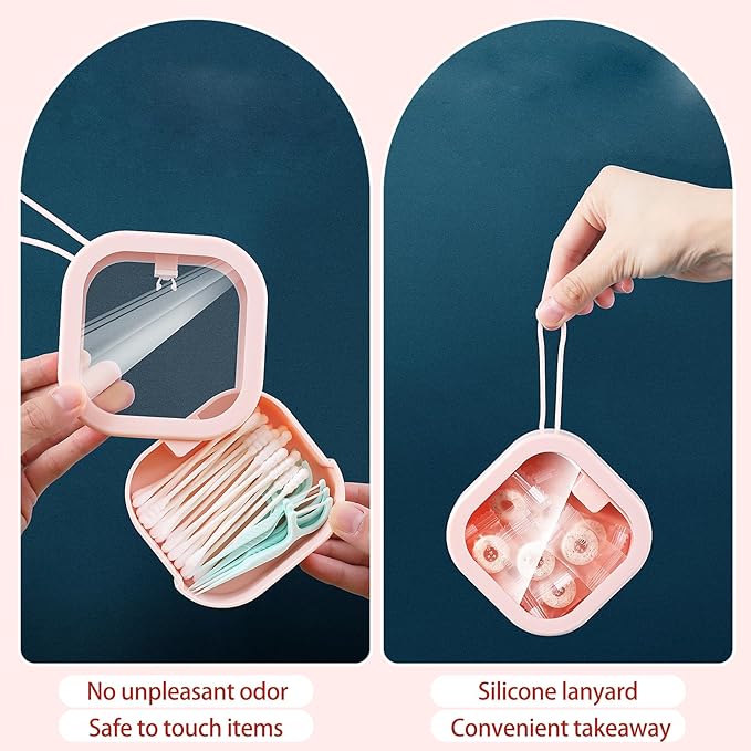 2-Pack Hair Tie and Cotton Swab Storage Box (With Lid) - Portable Hair Accessory Storage Box, Cotton Swab Holder for Bathroom, Dressing Table, Travel - Pink