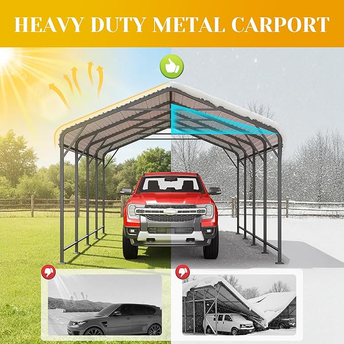 12' x 20' Metal Carport, Heavy Duty Canopy with Updated Roof & Enhanced Base, Multi-Use Carport Garage for Car, Truck, Boat, Tractors, Party, Grey