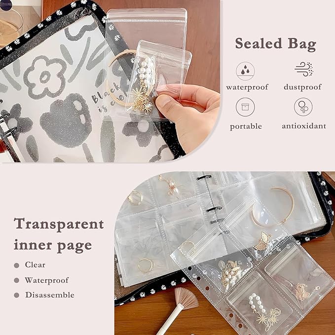 Jewelry Organizer Travel,Jewelry Storage Book with 40 Large PVC pouches,Portable Jewelry Organizer Zipper Bags for Necklaces Bracelet Rings and Earrings (front cover removable),Black