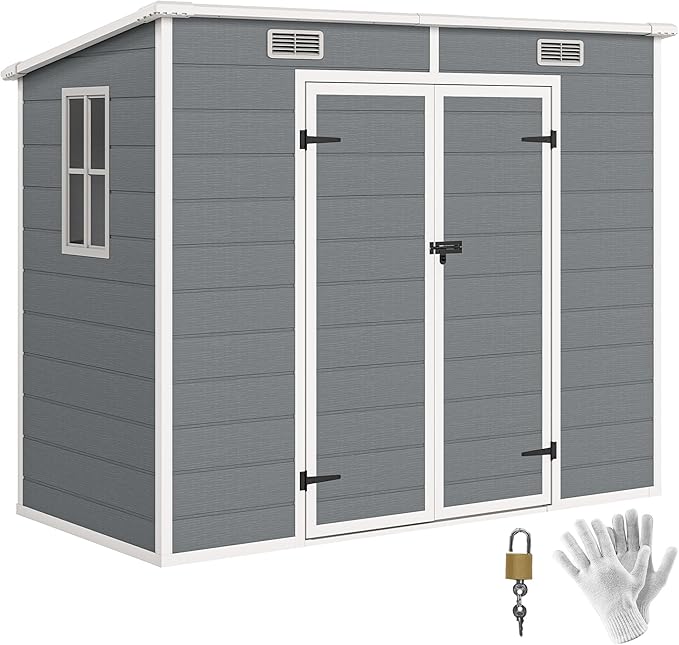 Outsunny 8' x 4' Outdoor Storage Shed, Waterproof Resin Plastic Shed with Floor, Window, Lockable Doors and Vents, All-Weather Garden Tool Shed for Backyard, Patio, Lawn, Gray