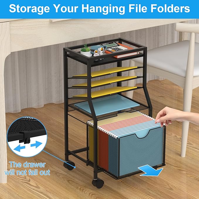 Rolling File Cart, 6-Tier Desk File Organizer on Lockable Wheels, Black Wood Planks & Mesh Sliding Hanging Folder Drawer, Organization Cart for Office Home School