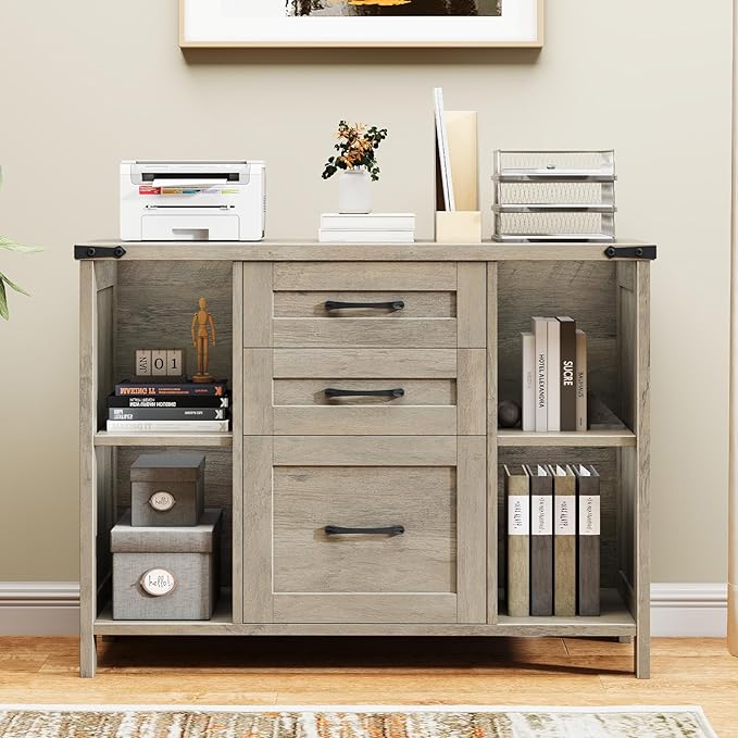 3 Drawer File Cabinet, Farmhouse Lateral Filing Cabinet Fits File Letter or A4 Size, Wooden Printer Stand with Open Storage Adjustable Shelf for Home Office, Grey