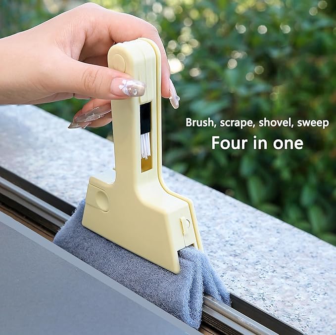 Window Track Cleaner Tool, 4Pcs 4-in-1 Groove Cleaning Brush (with Bristle Brush, Gap Dustpan, Scraper), Washable Cleaning Gadgets for Sliding Door, Sill, Car Vents (Blue + Yellow + 2Gray)