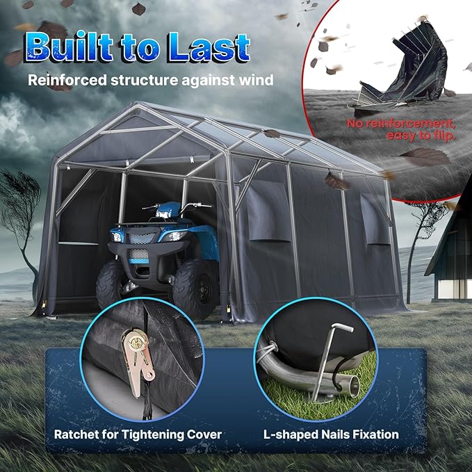 ADVANCE OUTDOOR 10x15 ft Shelter Storage Shed Steel Metal Peak Roof Portable Garage Carport for Motorcycle, Boat or Garden Tools with 2 Roll up Doors & Vents, Gray