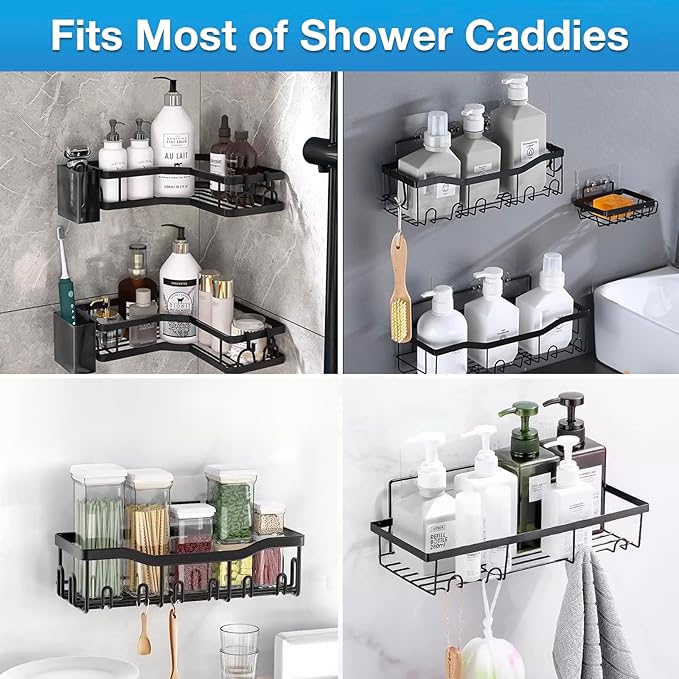 Upgraded Shower Caddy Adhesive Replacement,Strong Adhesive Hooks for Shower Caddy, Waterproof Shower Shelf Adhesive, Shower Adhesive Strips for Shower Organizer and Kitchen Racks (5 Pcs(Double Hooks))