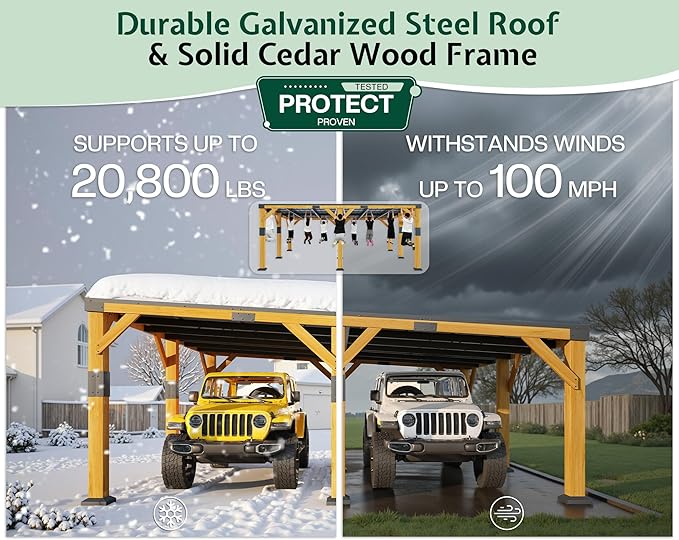 Jocisland 20x20x9.2 FT Cedar Wood Carport for 2 Cars, Heavy Duty Canopy Carport with Sloped Galvanized Steel Roof for All Weather, Permanent Shelter for Full-Sized Pickup Truck, Boat & Tractor