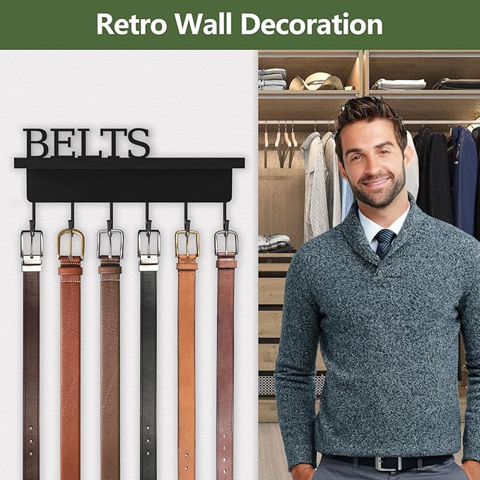 Belt Hanger Organizer for Closet, Wall Mount Belt Rack, Wooden Belt and Tie Organizer for Stores and Displays Mens Accessories (Length 9.8”) Black-Belts