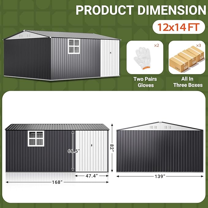Polar Aurora 12X14 FT Metal Outdoor Storage Shed with Window, Heavy-Duty Galvanized Steel Garden Shed with Lockable Doors and 4 Vents, Large Weatherproof Tool Shed for Backyard Patio Outside, Black