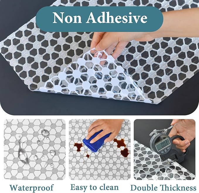 Drawer and Shelf Liner for Kitchen Cabinet: 17 in X 20 Ft Non Slip Waterproof Shelf Paper Non Adhesive Refrigerator Liners Silver Square Easy Liners for Bathroom with Knife Tape Measure