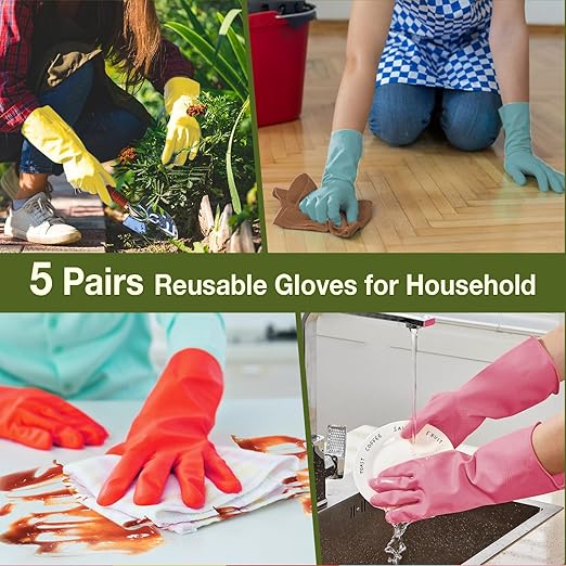 Kitchen Gloves for Washing Dishes - 5 Pairs Rubber Cleaning Gloves for Household Washing Dishes Cleaning Gardening, Non-Slip Dishwashing Gloves Reusable for Women Men Large