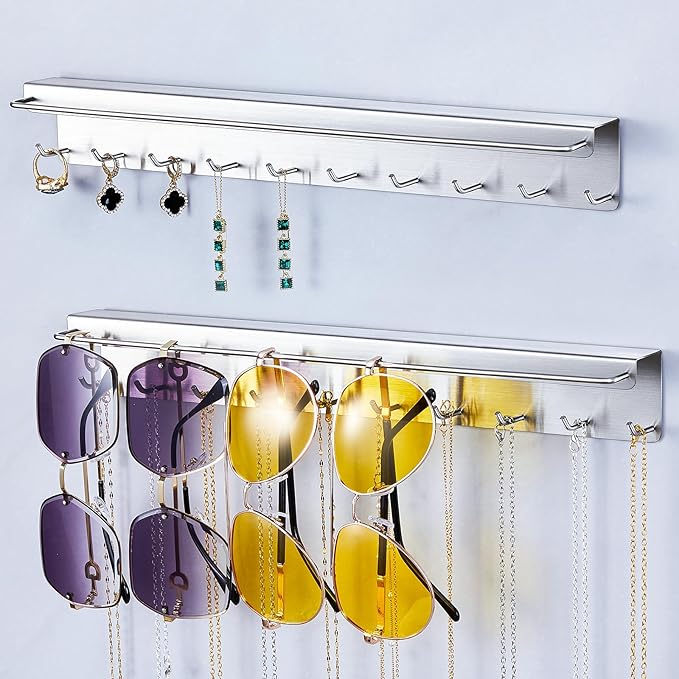 2PCS Necklace Holder Wall Mount, Hanging Jewelry Organizer, Sunglasses Holder, Headband Holders, Necklace Organizer Display with 20 Hooks for Earring,Bracelet,Glasses Storage for Women Men, Silver