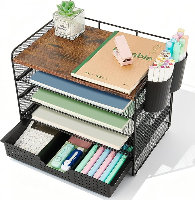 Desk Organizers and Accessories, 5-Tier Paper Letter Tray Organizer with Drawer & 2 Pen Holders, Desktop Organizer for Office Supplies (Wood)