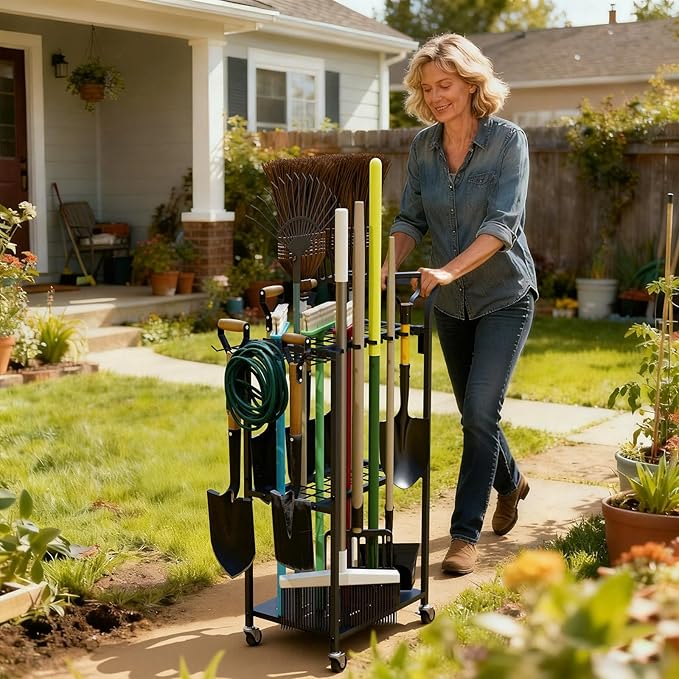 Garden Tool Organizer with Wheels, Heavy Duty Rolling Yard Tool Rack with 14 Hooks & 5 Slots, 3-Tier Metal Cart Holds 50+ Rakes/Shovels/Brooms, Mobile Lawn Storage for Garage Shed Outdoor