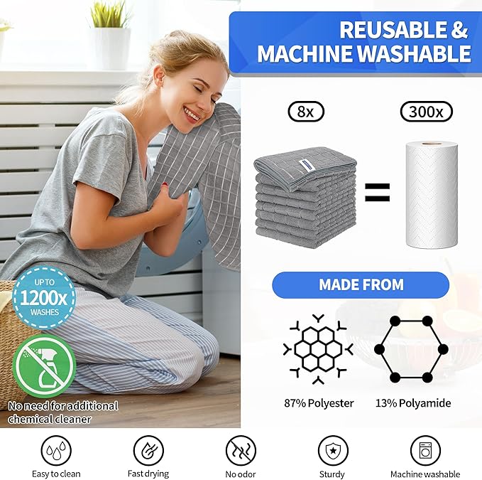 HOMERHYME Kitchen Towels, 8 Pack Microfiber Cleaning Cloth, 25'' x 15'' Dish Towels, 270 GSM Checkered All-Purpose Reusable Lint Free & Absorbent Hand Towels for Kitchen Home Tea Bar Shop