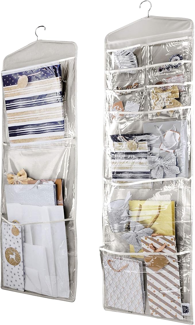 Large Double-Sided Hanging Gift Bag Organizer and Tissue Paper Holder (Grey)