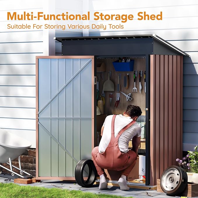 5X3X6.1FT Garden Storage Shed with Lockable Door,Steel Tool Shed with Sloping Roof,Anti-Corrosion Metal Shed for Backyard Patio Lawn (Light Wood Grain)