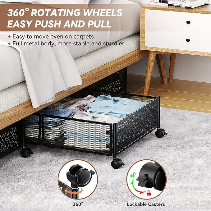 Under Bed Storage Containers with Wheels, Under Bed Shoe Storage Organizer Drawer, Tool-free Assembly Metal Storage Containers for Bedroom Clothes Shoes Blankets -2PCK