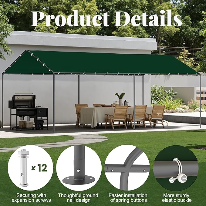 Carport, 10‘ x 20’ Heavy Duty Portable Garage All-Season Car Canopy, Outdoor Garage Boat Shelter Carport Canopy Party Tent w/Water-Resistant Tarp for Backyard (Green, 10' x 20' /no Side)