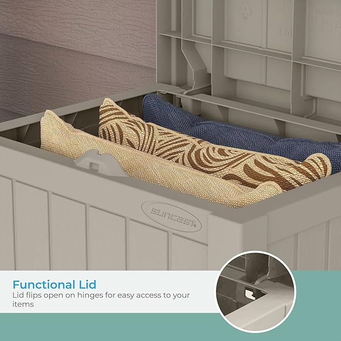 Suncast Outdoor Storage Box - 22 Gallon Light Taupe Resin Outdoor Deck Box with Seat, Weatherproof Patio Storage Bin Container for Keeping Cushions, Tools & Towels for Pool, Yard, & Garden