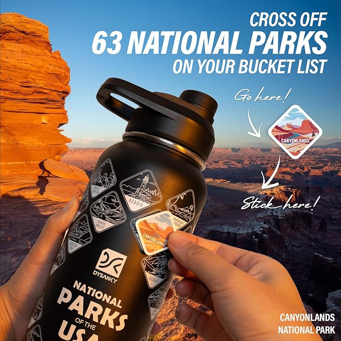 National Parks Water Bottle – 32 oz Insulated Stainless Steel Bottle with 63 Hand-Drawn Park Stickers, Carrier Bag, Strap & Gift Box – BPA-Free – Ideal for Hiking, Camping & Travel