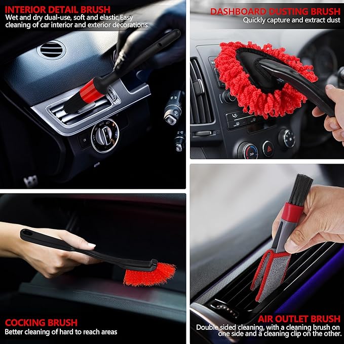 32Pcs Car Detailing Kit, Auto Detailing Brush Set and Drill Brush Attachments with Portable Handbag, Multi-Functional Vehicle Cleaning Tool for Wheels, Windshield