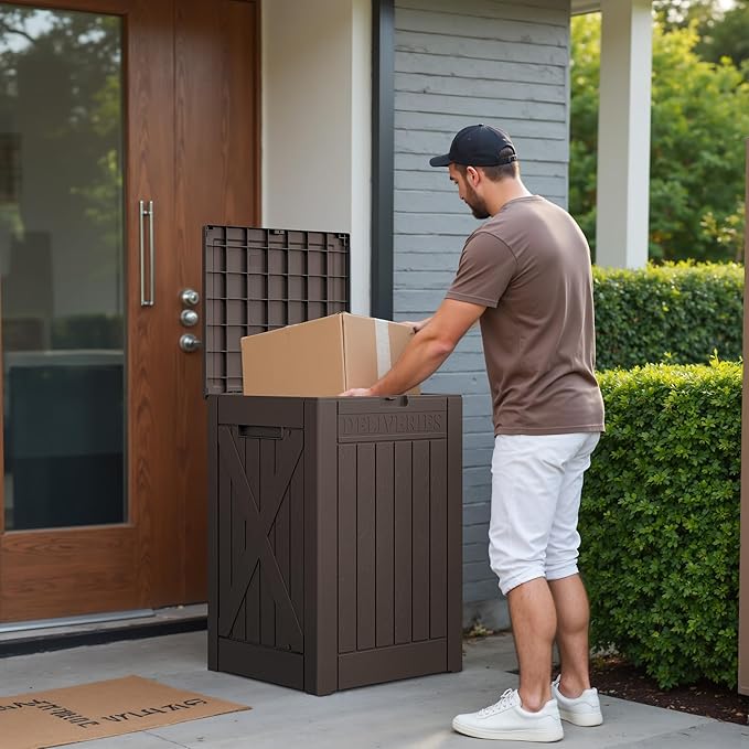 Greesum 52 Gallon Large Outdoor Package Delivery Box for Porch, Lockable Secure Double-Wall Resin Storage Box, Waterproof Deck Box for Package Protection, Brown