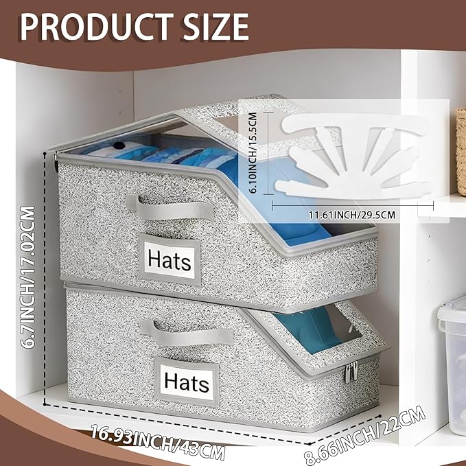 2 Pcs Hat Organizer for Baseball Caps and 6 Pcs Hat Shaper Insert - Stackable Hats Storage Box for Closet - Holds Up to 20 Caps Storage Box, Flip Cover, Save Space, Grey