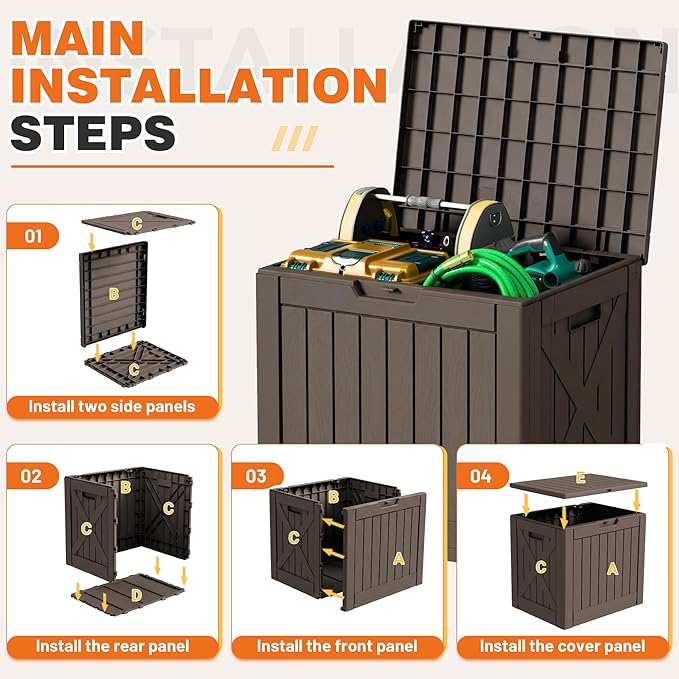 42 Gallon Outdoor Storage Box, Lockable Resin Deck Box for Patio, Yard, and Poolside, Waterproof & Sunproof Organizer for Furniture, Tools, Pool Supplies, Brown